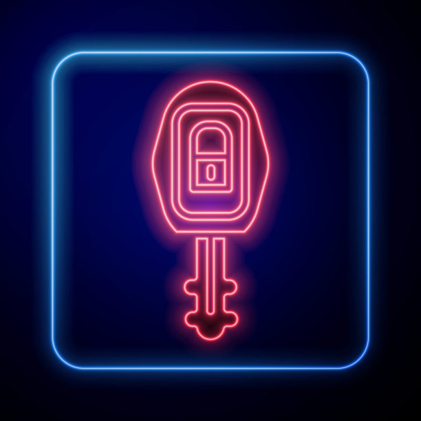 发光的霓虹灯汽车钥匙与远程图标隔离在蓝色背景。汽车钥匙和报警系统。矢量图图片下载