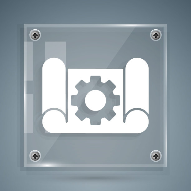 白色绘图纸的工程和齿轮图标孤立在灰色背景。方形玻璃面板。矢量图图片下载