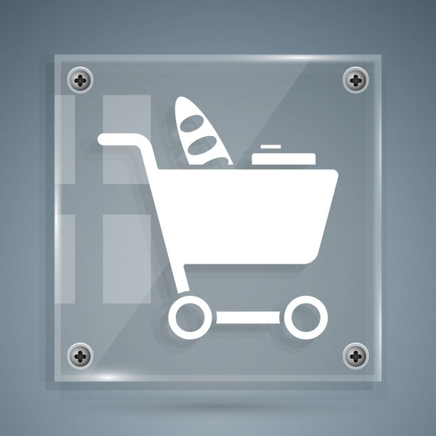 白色购物车和食品图标孤立在灰色背景。食品商店,超市。方形玻璃面板。矢量图图片下载