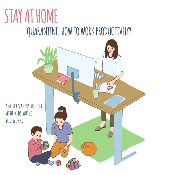 年轻女人在家工作青少年和孩子玩图片下载