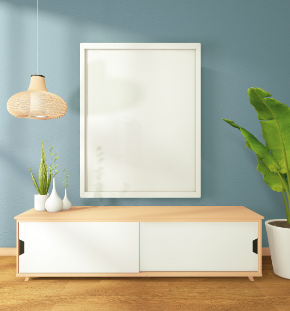 电视柜在现代禅宗客厅在深蓝色的墙壁背景，3d渲染图片下载