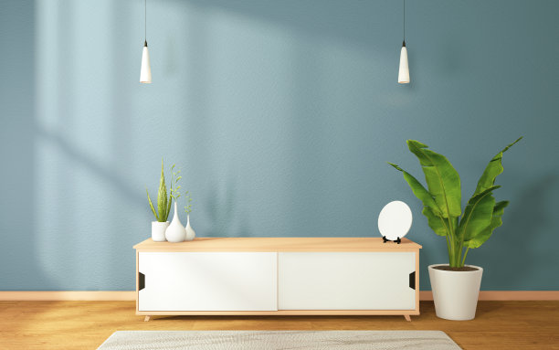 电视柜在现代禅宗客厅在深蓝色的墙壁背景，3d渲染图片下载