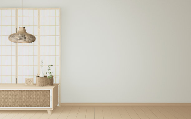 热带房间内饰有橱柜和植物装饰，3d渲染图片下载