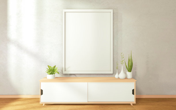 电视柜在现代禅宗客厅白墙背景，3d渲染图片下载