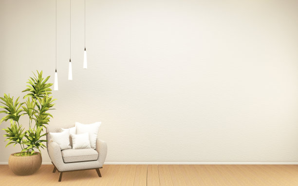 白色热带禅宗房间室内设计，模拟房间日本风格。三维渲染图片下载