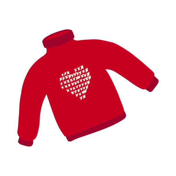 心形图案的暖毛衣。冬季和秋季服装项目。红色的夹克。一个简单，可爱的手绘图画。Hygge，一个舒适的家，舒适。孤立在白色的。illustration.Doodle颜色向量。图片下载