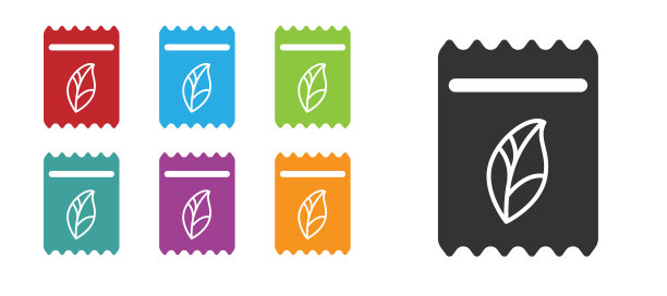 黑色包充满了种子的特定植物图标孤立在白色背景。设置图标丰富多彩。矢量图图片下载