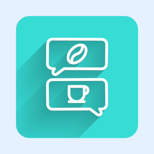 白线咖啡和对话图标孤立与长影子。咖啡说话。演讲泡沫聊天。绿色广场按钮。矢量图图片下载