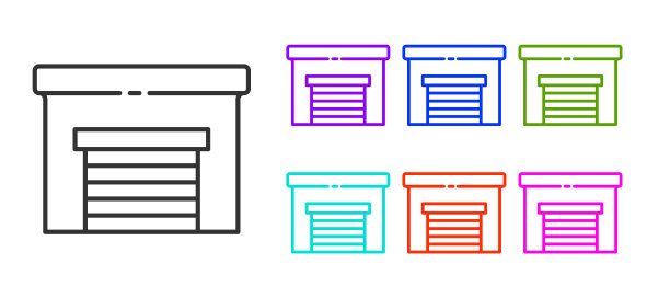 黑色线车库图标孤立在白色背景。设置图标丰富多彩。矢量图图片下载