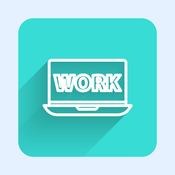 白线笔记本电脑与文本工作图标隔离与长阴影。绿色广场按钮。矢量图图片下载