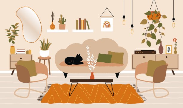 客厅内。公寓住宅设计与沙发，扶手椅室内植物在北欧hygge风格。房屋装饰平面矢量插图图片下载