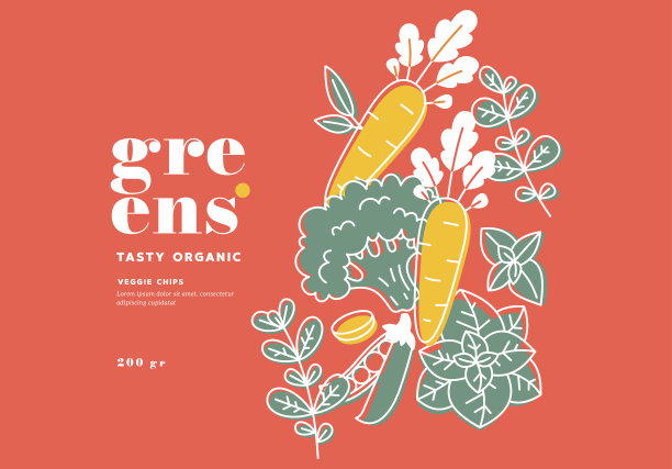 极简食品设计模板。线性图形。胡萝卜，罗勒，豌豆，花椰菜和迷迭香。北欧风格。图片下载