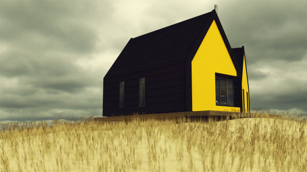 现代黄色木屋与草沙丘在一个阴天挪威风格的房子浮动图片下载