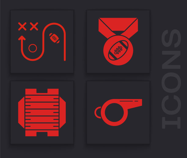 设置哨子，规划战略概念，美式足球与奖章和美式足球场图标。向量图片下载