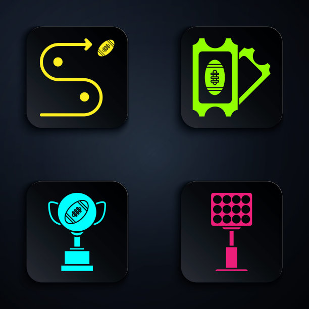 明亮体育场灯光、规划战略概念、奖杯、美式橄榄球和球票黑色方块按钮矢量素材图片下载