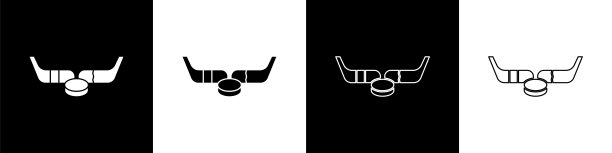 设置冰球棍和冰球图标孤立的黑色和白色背景。游戏开始。矢量图图片下载