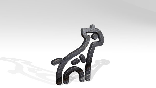 长颈鹿的身体从一个角度投射阴影。一个用金属材料制作的厚雕塑的3D渲染。动物和插图图片下载