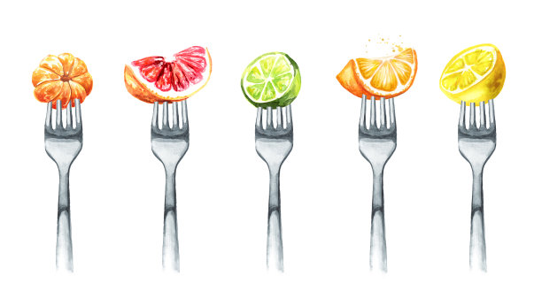 柑橘类的集合。橘子，橘子，橘子，葡萄柚，柠檬，酸橙。饮食观念与健康饮食。手绘水彩插图孤立的白色背景图片下载