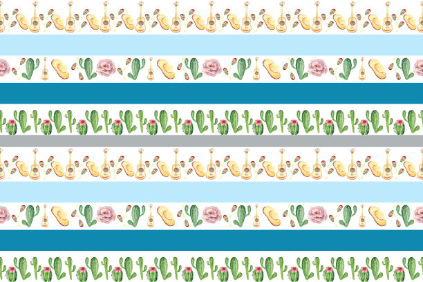 无缝条纹图案配乐器仙人掌和草帽。音乐节的特点。鲜艳的水彩图案为纺织品，壁纸，包装和原始的背景主题的节日。图片下载