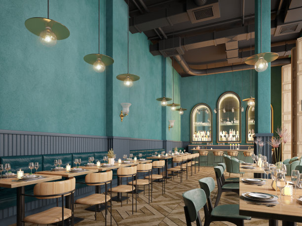 餐厅和酒吧内部。现代经典风格。三维渲染图片下载