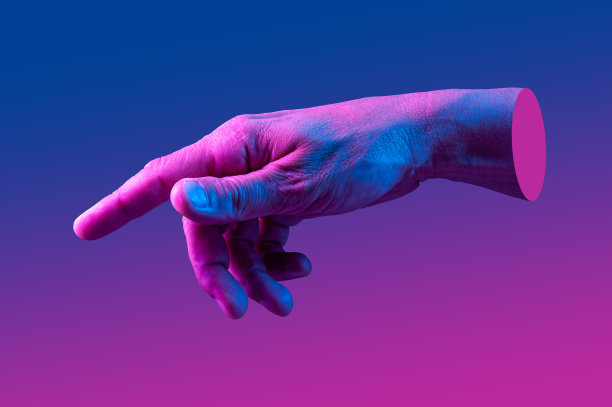 用霓虹灯大胆的色彩搭配波普艺术拼贴风格。现代迷幻创意元素与人的手掌海报，横幅，壁纸。为文本复制空间。杂志风格模板。电子杂志的文化。图片下载