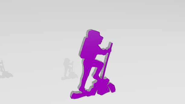 一个背着背包的男人从墙上看过去。一个用金属材料制作的厚雕塑的3D渲染。山和景观图片下载