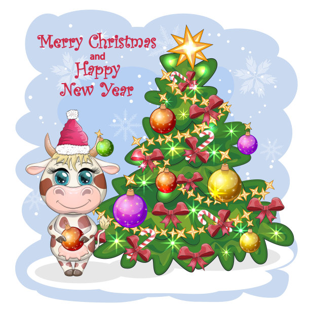 圣诞快乐，新年快乐牛在图片下载