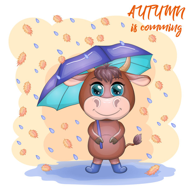 可爱的卡通公牛与伞在秋天图片下载