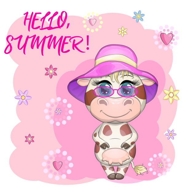 可爱的卡通公牛在巴拿马花丛中图片下载