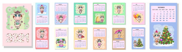 日历2021年可爱的公牛和母牛为每个月图片下载