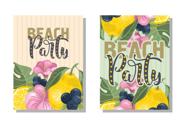 一套带有新鲜柠檬、树叶和鲜花的“海滩派对”卡片。矢量插图。 织物、纸张、明信片、请柬上的印刷。图片下载