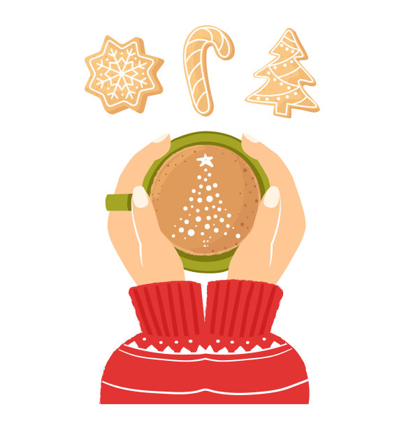 女人的手捧着一杯咖啡。圣诞贺卡和一杯可可。温馨的新年概念café。前视图。圣诞姜饼。新年自制饼干。季节性的剪纸艺术图片下载