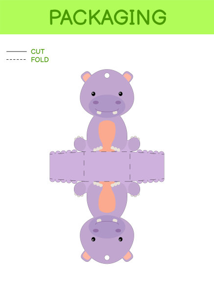 DIY派对喜欢盒模切模板设计生日，婴儿送礼与可爱的河马糖果，糖果，小礼物。可打印颜色方案。打印、裁剪、折叠、粘胶。矢量图图片下载