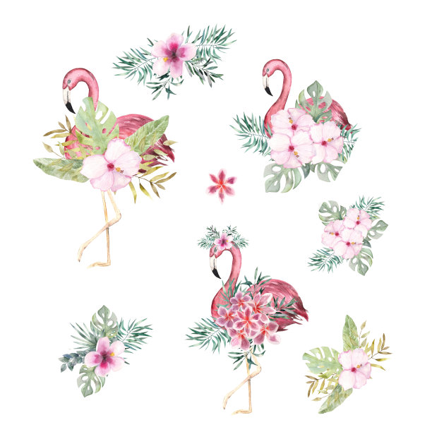 水彩插图。粉红色的火烈鸟和一束热带鲜花的图片。图片下载
