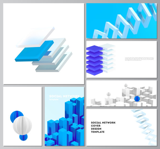 矢量布局现代社会网络模型的封面设计，网站设计，网站背景或广告。三维渲染矢量合成动态逼真的几何蓝色形状在运动图片下载