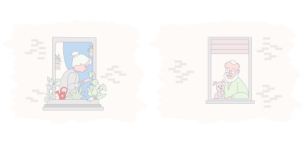 房子的正面有开着的窗户和邻居。一个带狗的老人和一个女人。给窗台上的花草浇水。向量。友谊，寄宿，隔离概念。图片下载