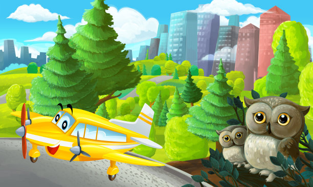 卡通场景在公园附近的城市与飞机飞行和猫头鹰插图图片下载