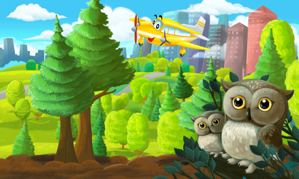 卡通场景在公园附近的城市与飞机飞行和猫头鹰插图图片下载