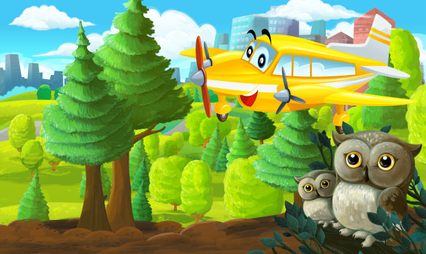 卡通场景在公园附近的城市与飞机飞行和猫头鹰插图图片下载