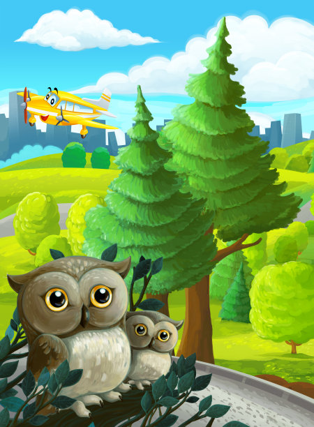 卡通场景在公园附近的城市与飞机飞行和猫头鹰插图图片下载