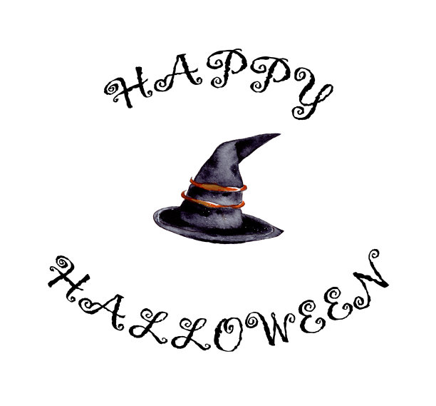 水彩插图。女巫帽和题词万圣节快乐标签明信片，横幅，名片，海报。孤立在橙色背景上图片下载