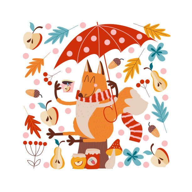 你好,秋天。可爱的红狐拿着伞喝茶。图片下载