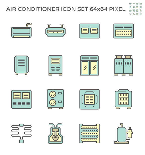 空调和空压机矢量图标集设计，64x64像素完美，可编辑笔画。图片下载