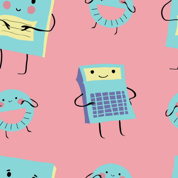 回到学校的无缝模式，可爱的拟人化抄写本，计算器和量角器在柔和的粉红色背景图片下载