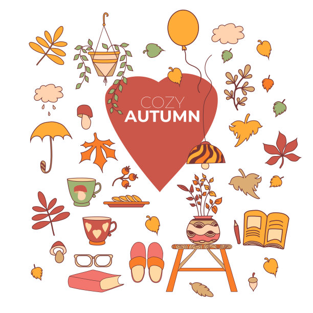 舒适的秋天。一套向量秋天绘图。家的舒适——五颜六色的叶子、浆果和蘑菇、杯子和饼干、一盏枝形吊灯和一张桌子，上面有一个花瓶、一个家用花盆、一本书和几副眼镜。向量图片下载
