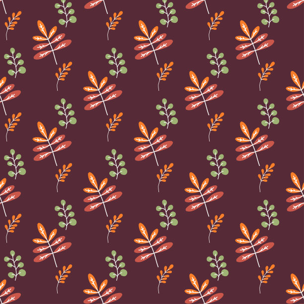 无缝模式。不同颜色和形状的叶子和树枝在深紫红色的背景下。明亮的装饰，用于装饰设计、包装印刷。向量图片下载