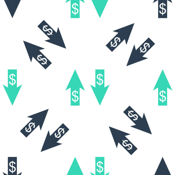 绿色向上和向下箭头与美元符号图标隔离无缝模式上的白色背景。经营理念。向量图片下载