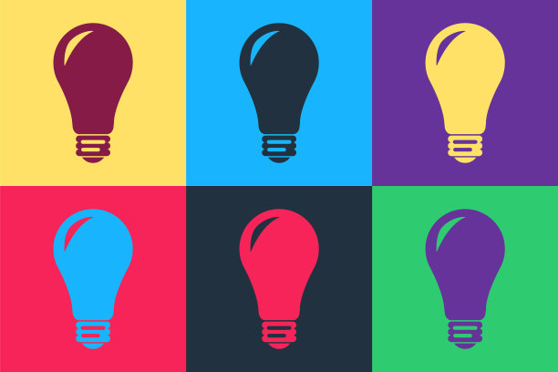 波普艺术灯泡图标孤立的颜色背景。能量和理念的象征。灯电。向量图片下载
