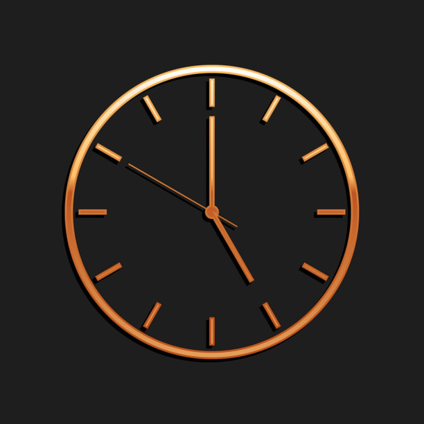 金色时钟图标孤立在黑色背景。时间的象征。长长的阴影风格。向量图片下载