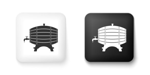 黑色和白色木桶架上的旋塞图标隔离在白色背景上。方形按钮。向量图片下载